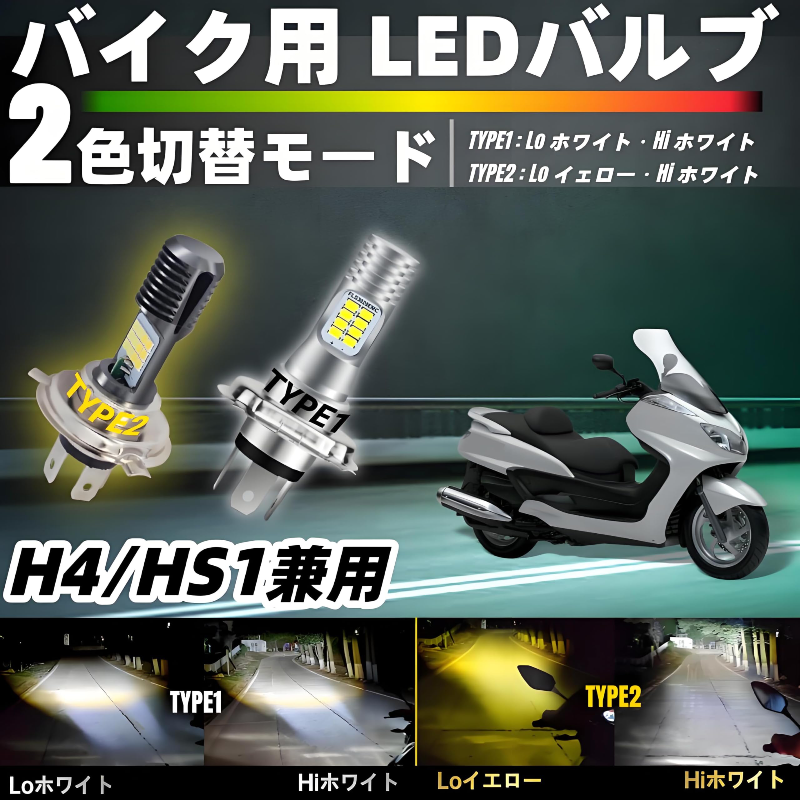 Amazon | H4/HS1 バイク用 LEDヘッドライト Hi/Lo切替 1800lm 6500K